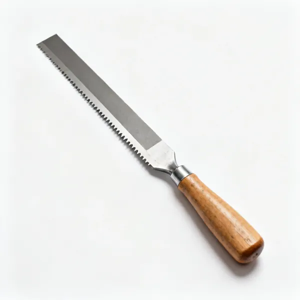 Sharpening file: A flat metal file with a wooden handle and parallel toothed faces