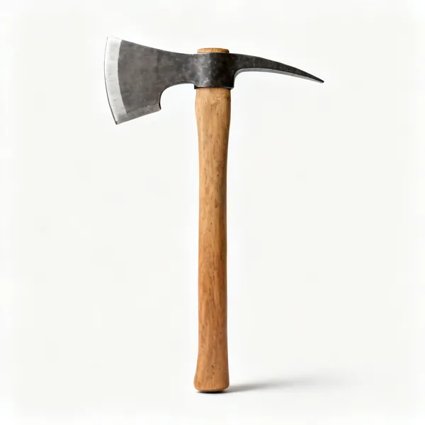 A cutter mattock with a broad adze blade one side and an axe blade the other on a wooden handle