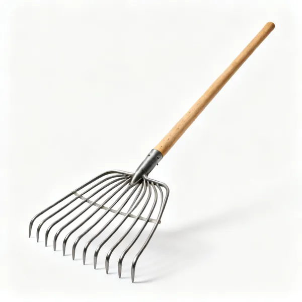 Mulch fork: A muck fork with many long slender curved steel tines and a long wooden shaft