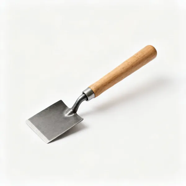 A short handled onion hoe with a small flat steel blade and a wooden handle