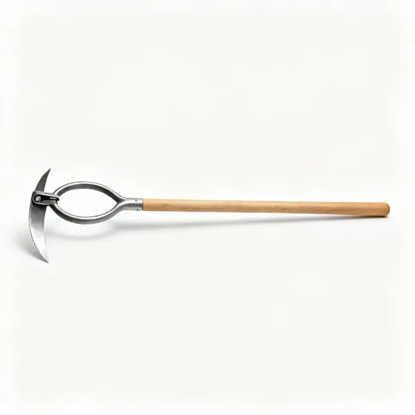 Oscillating hoe: An oscillating stirrup hoe with a hinged loop shaped steel blade on a long wooden shaft