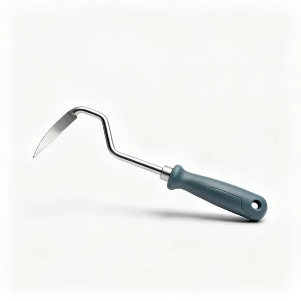 A patio weeding knife with an L shaped hooked steel blade and a moulded handle