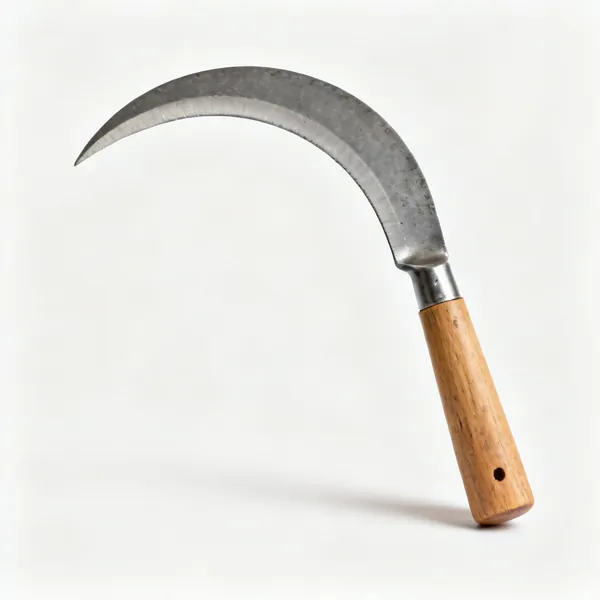 A sickle with a curved crescent shaped steel blade and a short wooden handle