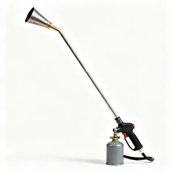 Weed burner: A long handled garden gas torch with a conical burner head and a hose to a small gas canister