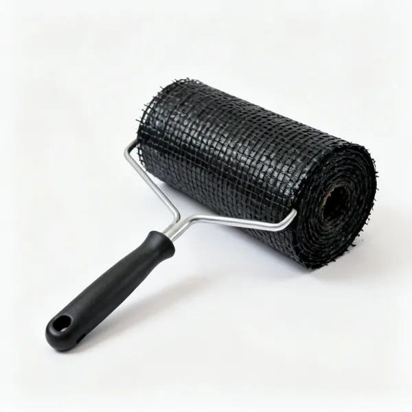 Weed membrane: A roll of black woven polypropylene ground cover landscape fabric, partly unrolled