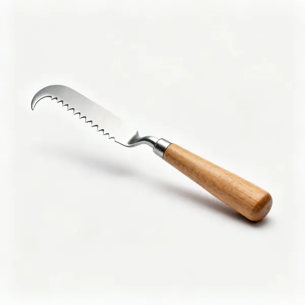 A weeding knife with a hooked notched steel blade and a wooden handle
