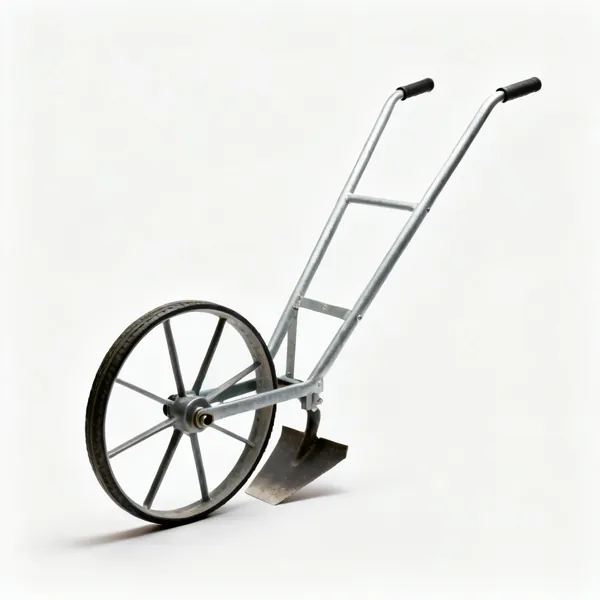 A wheel hoe with a single large spoked wheel, two long handles and a hoe blade beneath