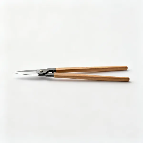 Long handled shears: A pair of japanese ashinaga shears with two very long wooden handles and small steel blades