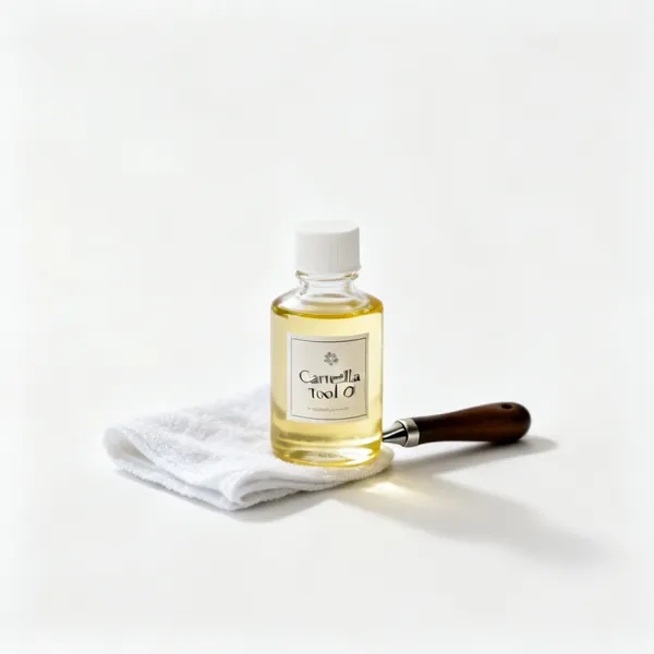 Camellia oil: A small bottle of camellia tool oil with a cloth beside it