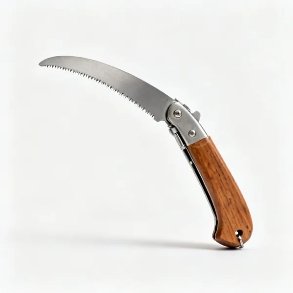 Folding pull saw: A japanese folding pruning saw with a curved blade folded into a wooden handle