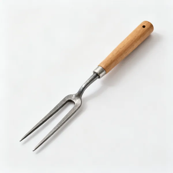 A japanese narrow two tine weeding fork with forged steel tines and a wooden handle