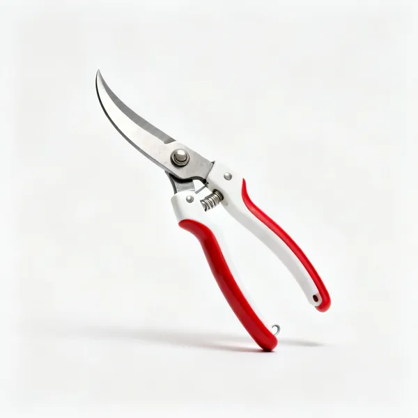 Japanese secateurs: A pair of japanese bypass secateurs with red and white handles and a curved steel blade