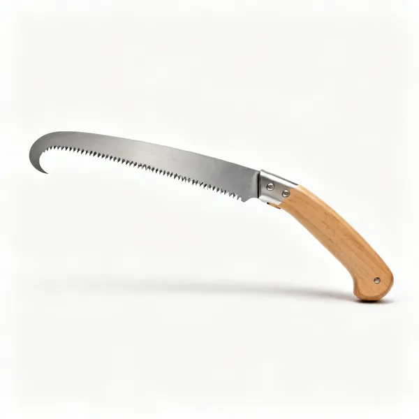 A japanese pruning saw with a curved hooked blade, coarse teeth and a straight wooden handle