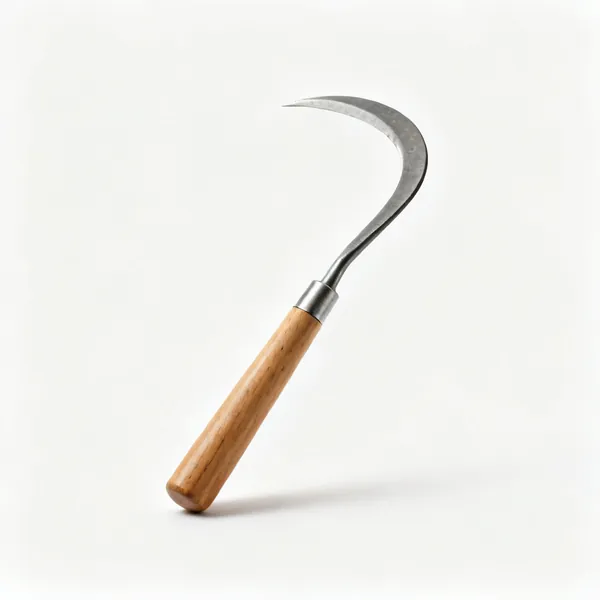 A japanese single curved steel root hook tool with a wooden handle