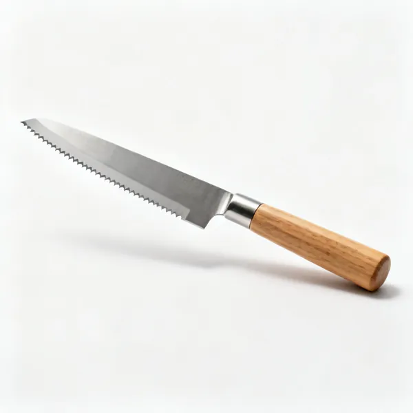A japanese root cutting knife with a stiff serrated steel blade and a wooden handle