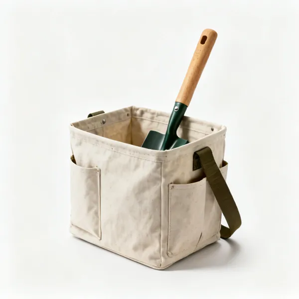 An open topped canvas garden tool bag with side pockets and a shoulder strap