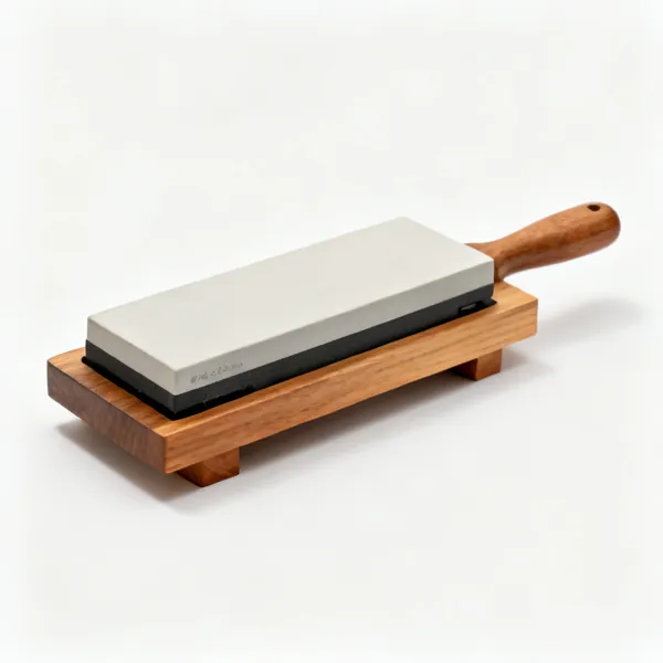 A rectangular japanese waterstone sharpening stone on a wooden base