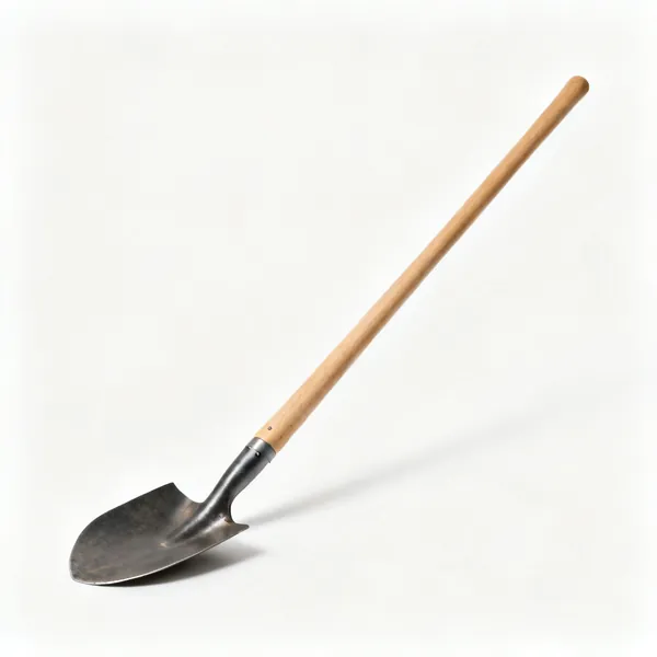 A narrow border spade with a wooden shaft
