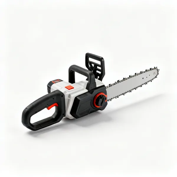 A cordless chainsaw with a bar and chain