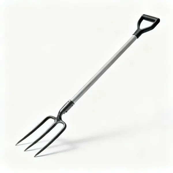A three pronged garden cultivator with a long handle