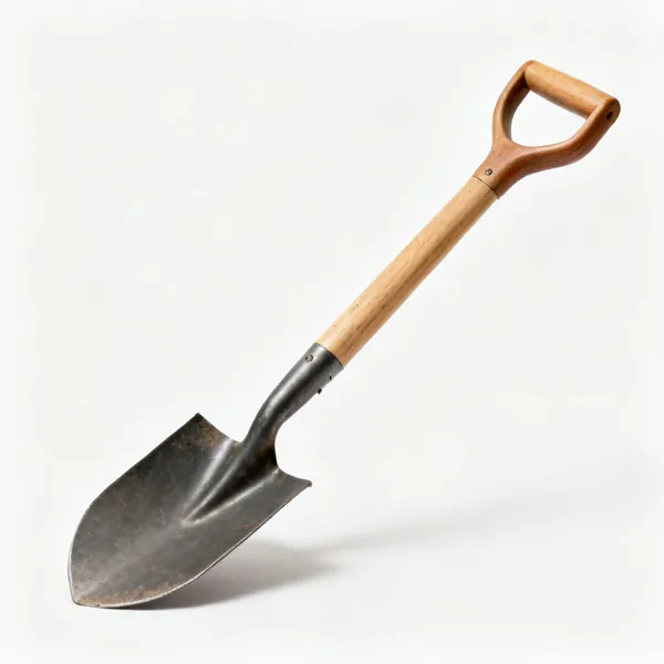A garden digging spade with a wooden handle and D grip