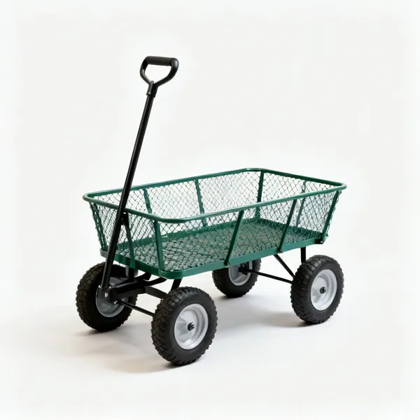 A four wheeled garden cart with a mesh body