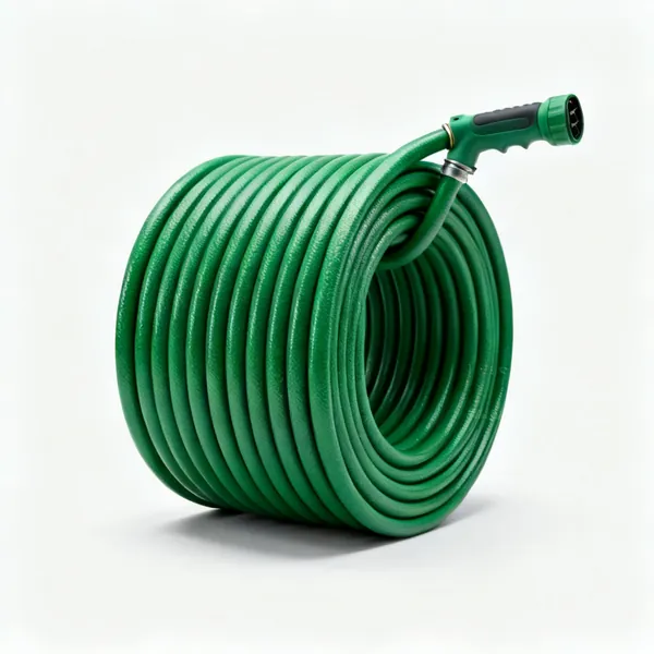 A coiled green garden hose