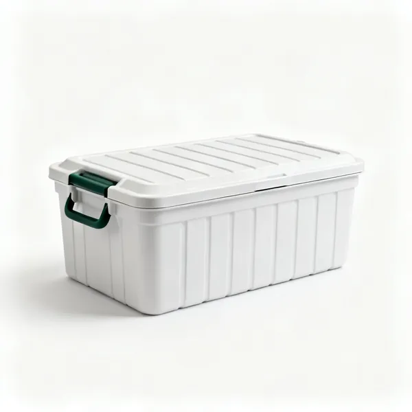 A plastic garden storage box with a lid
