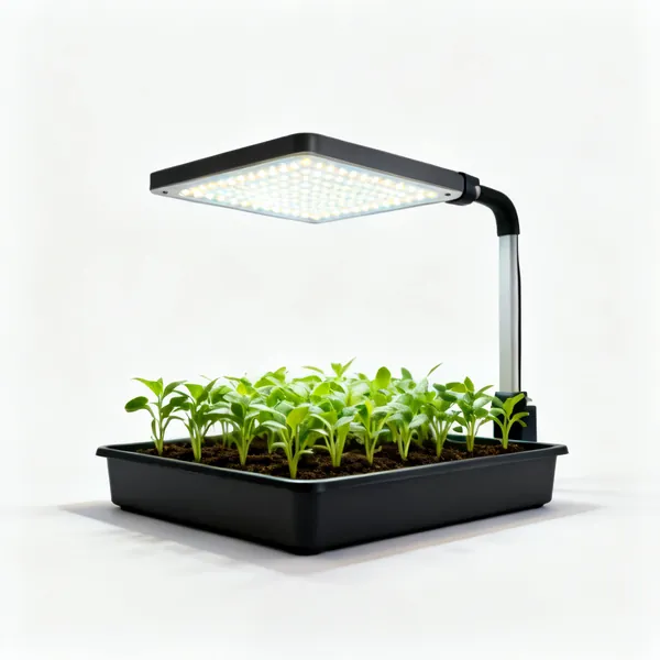 An LED grow light panel over seedlings