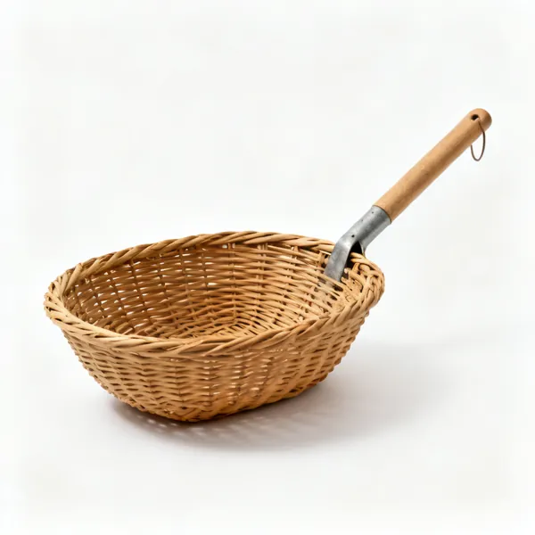 A wide shallow wicker harvesting basket