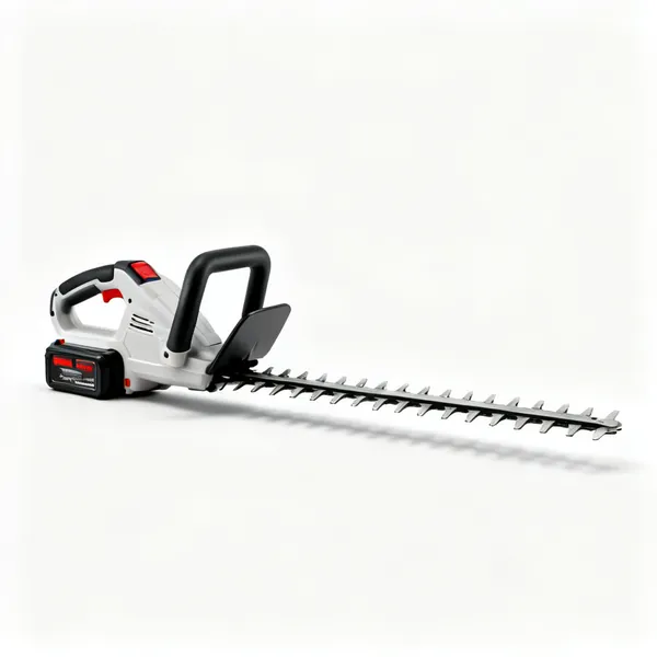 A cordless hedge trimmer with a battery