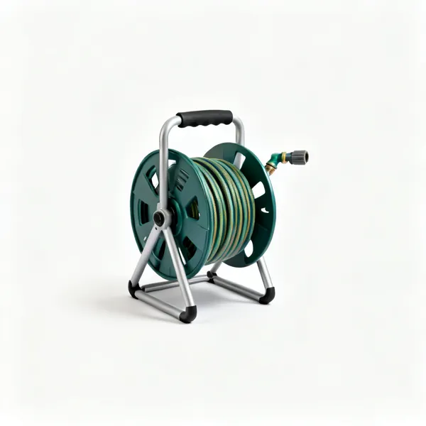 A garden hose reel on a stand