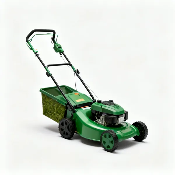 A green rotary lawn mower with a grass box