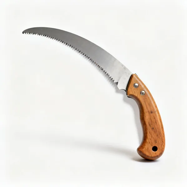 A curved pruning saw with a wooden handle