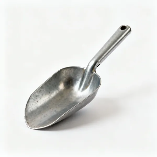 A metal soil scoop for potting compost