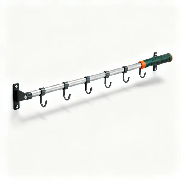 A wall mounted garden tool rack with hooks