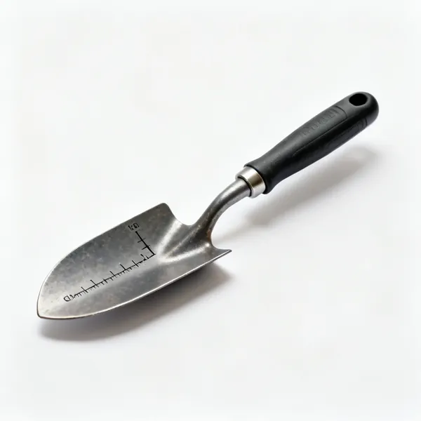 A narrow transplanting trowel with depth markings