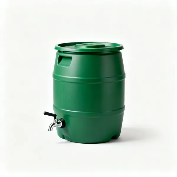 A green plastic water butt with a tap