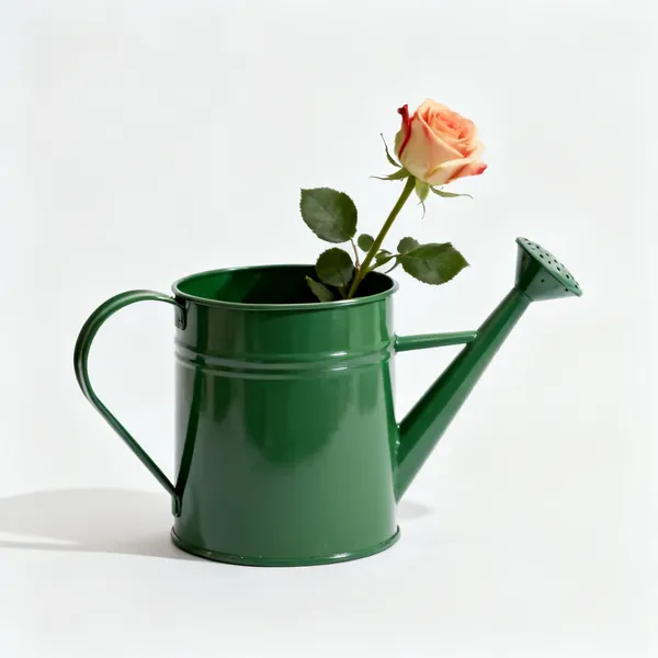 A green metal watering can with a rose