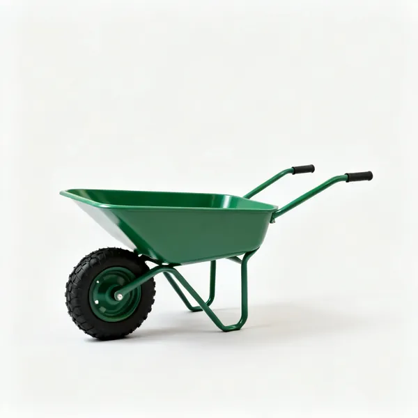 A green garden wheelbarrow with a pneumatic tyre