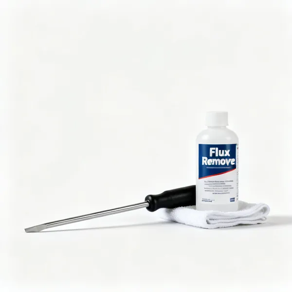 A bottle of flux remover with a cloth