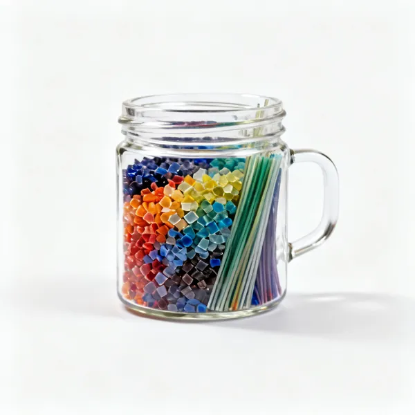 Glass frit & stringers: Jars of coloured glass frit and stringers