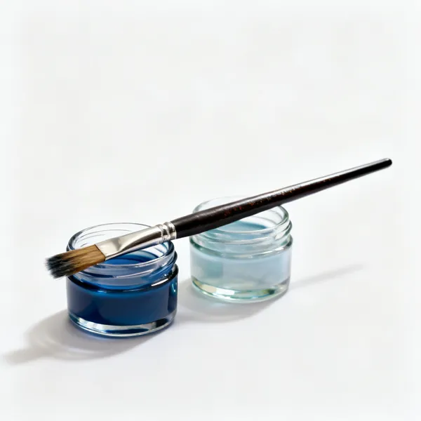 Pots of vitreous glass paint with brushes