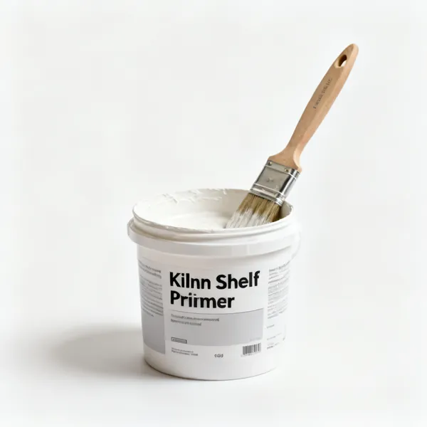A tub of kiln shelf primer with a brush