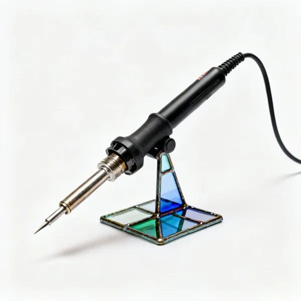 A stained glass soldering iron with a stand