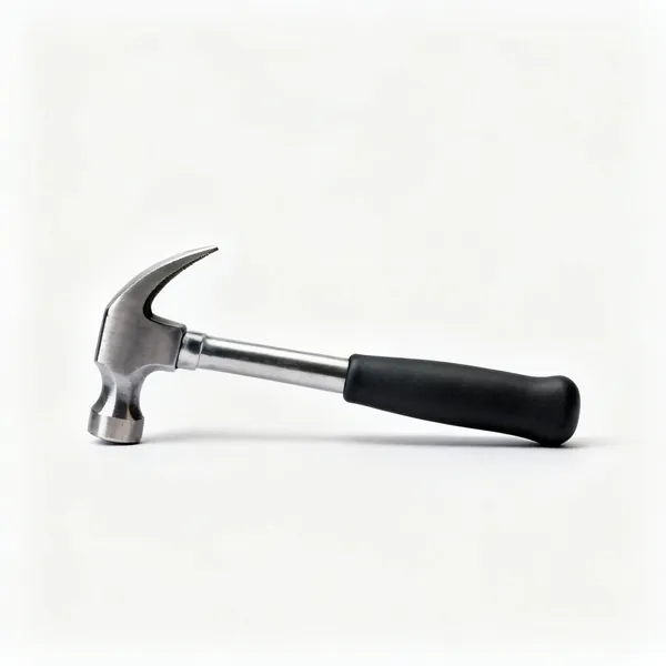 Cushioned hammer: A claw hammer with a thick moulded rubber cushioned grip handle and a compact steel head