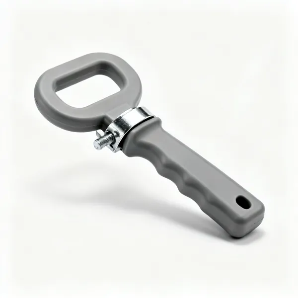 Add-on D handle: A D shaped moulded plastic add on tool grip with an integral metal clamp collar and thumbscrew