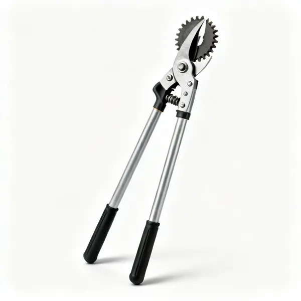 Geared loppers: A pair of geared bypass loppers with long handles and a compound gear mechanism at the head