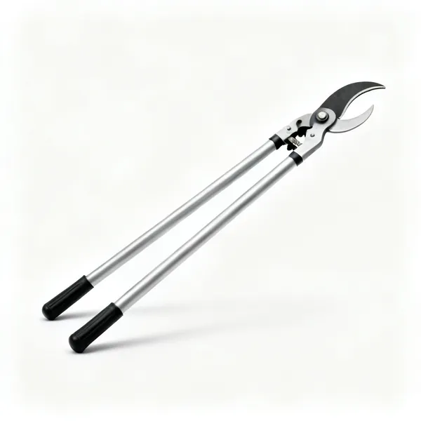 Long handled loppers: A pair of long handled bypass loppers with two long tubular handles and a curved cutting head