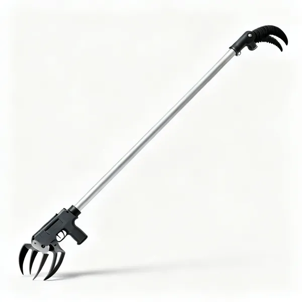 A long reach grabber tool with a pistol trigger handle, aluminium shaft and rubber tipped claw jaws